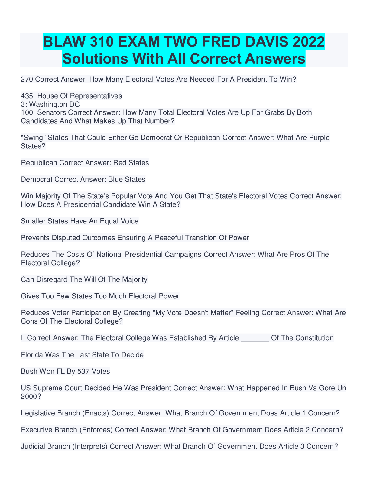 Preview image for BLAW 310 EXAM TWO FRED DAVIS 2022 Solutions With All Correct Answers